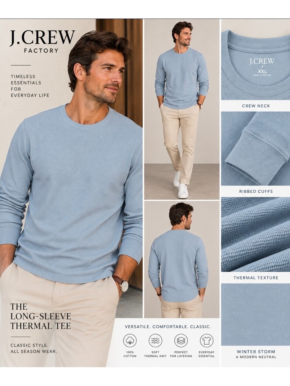 J.Crew Men’s XXL Long Sleeve Thermal Crewneck Tee Winter Storm Blue NWT